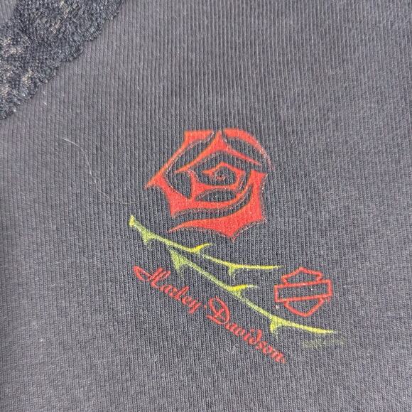 Vtg Y2K Harley Davidson Faded Black Cotton Bell Sleeve Lace Trim Rose Top L - Picture 3 of 5